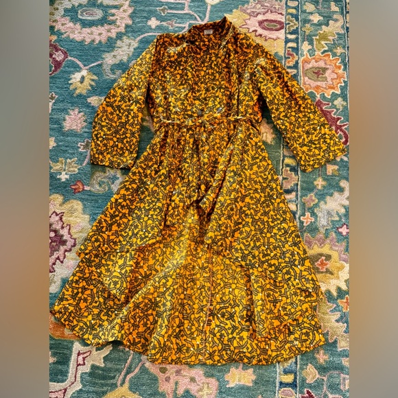 Vtg African Stars Orange Floral Hi Low Cotton Shirt Dress OSFM Pockets Wax Print - Picture 7 of 8